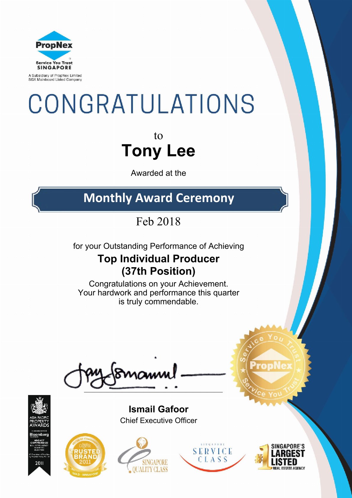 PropNex award certificate 2018