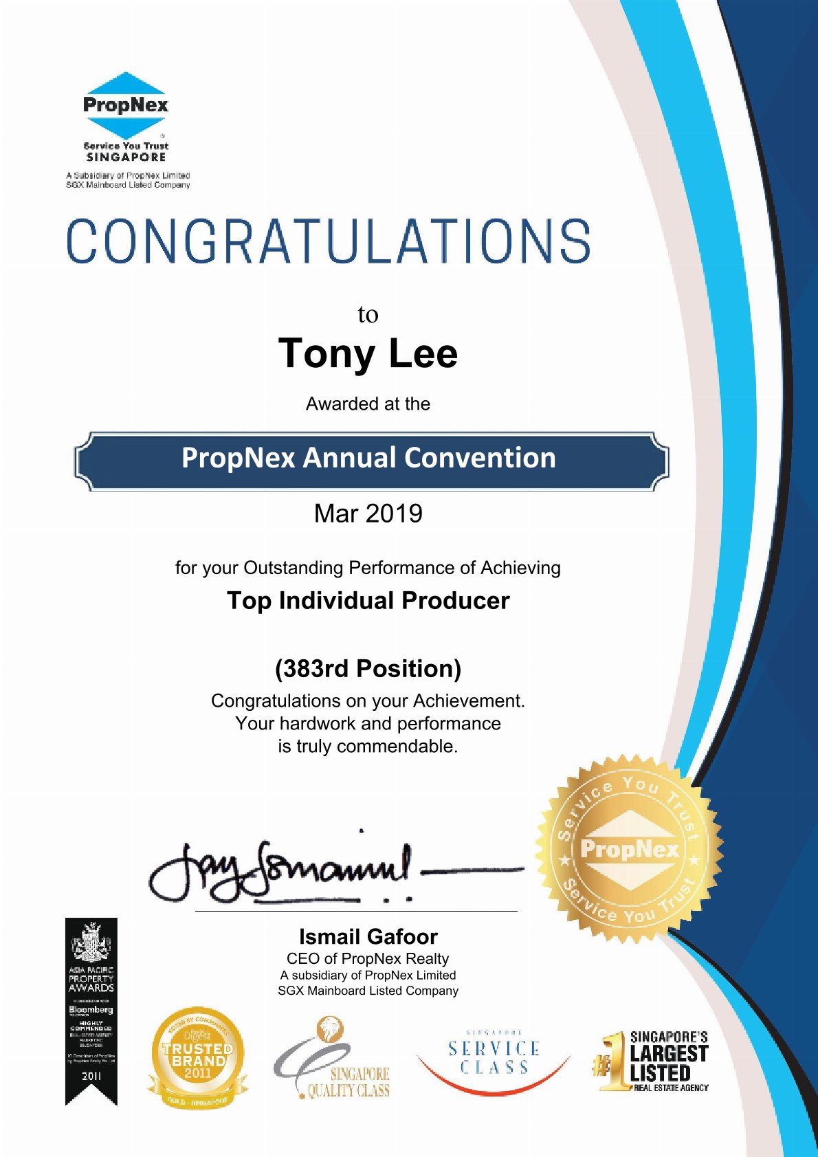PropNex award certificate 2019