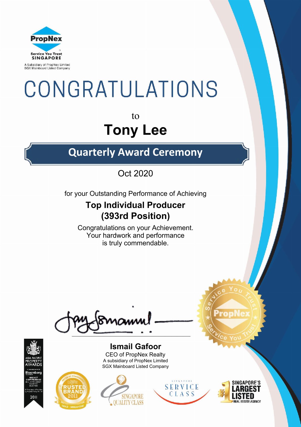 PropNex award certificate 2020