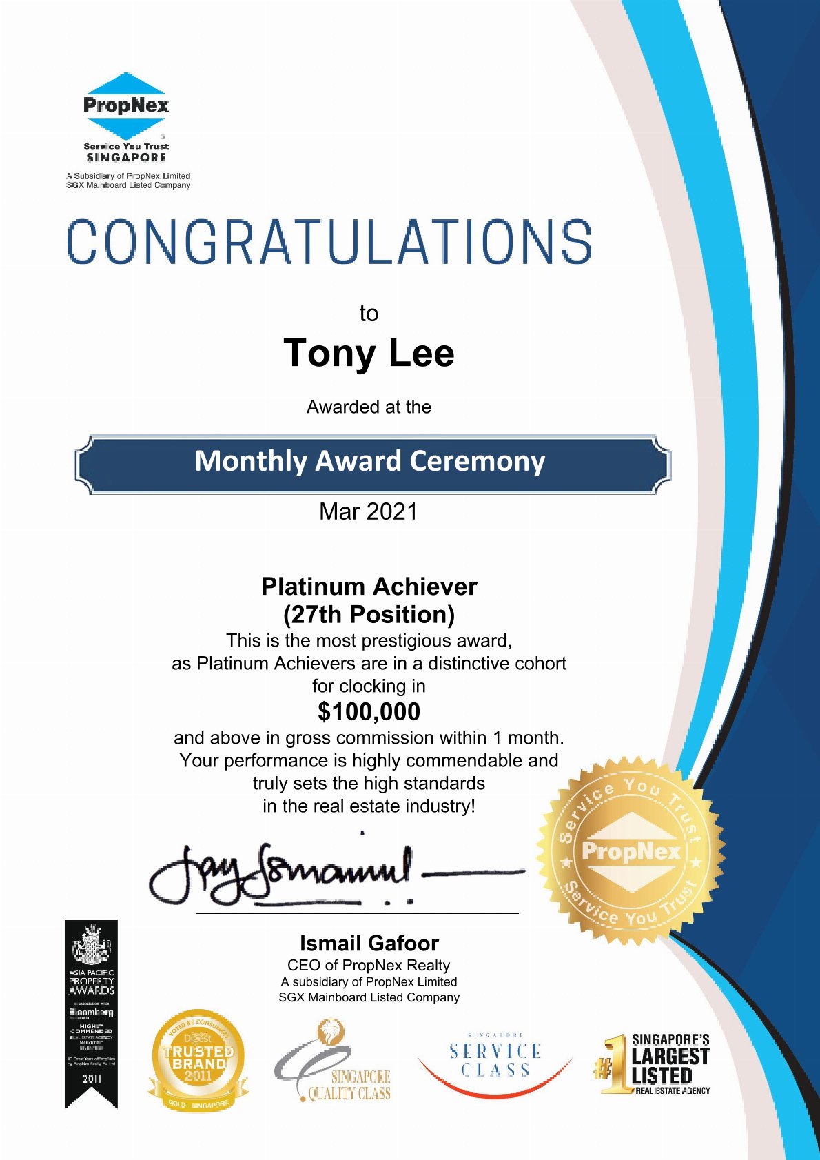 PropNex award certificate 2021