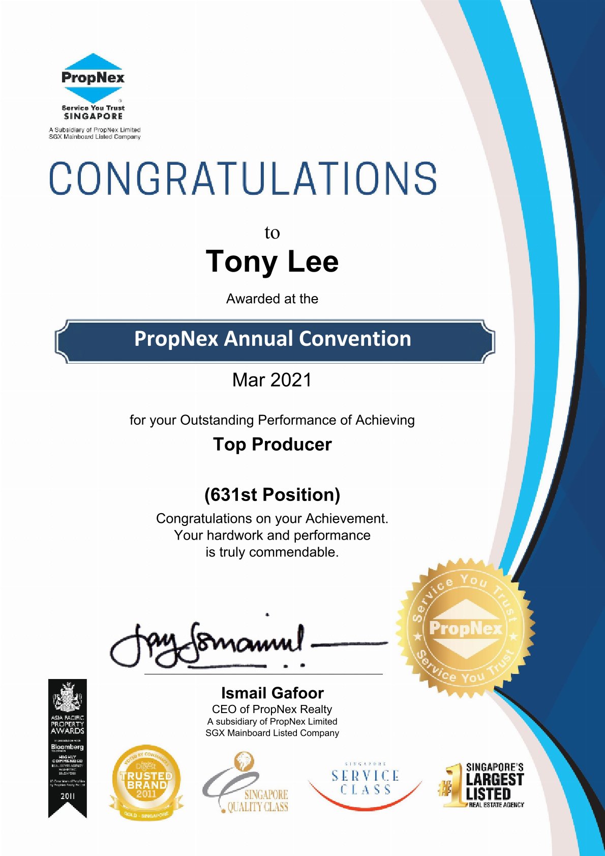 PropNex award certificate 2021