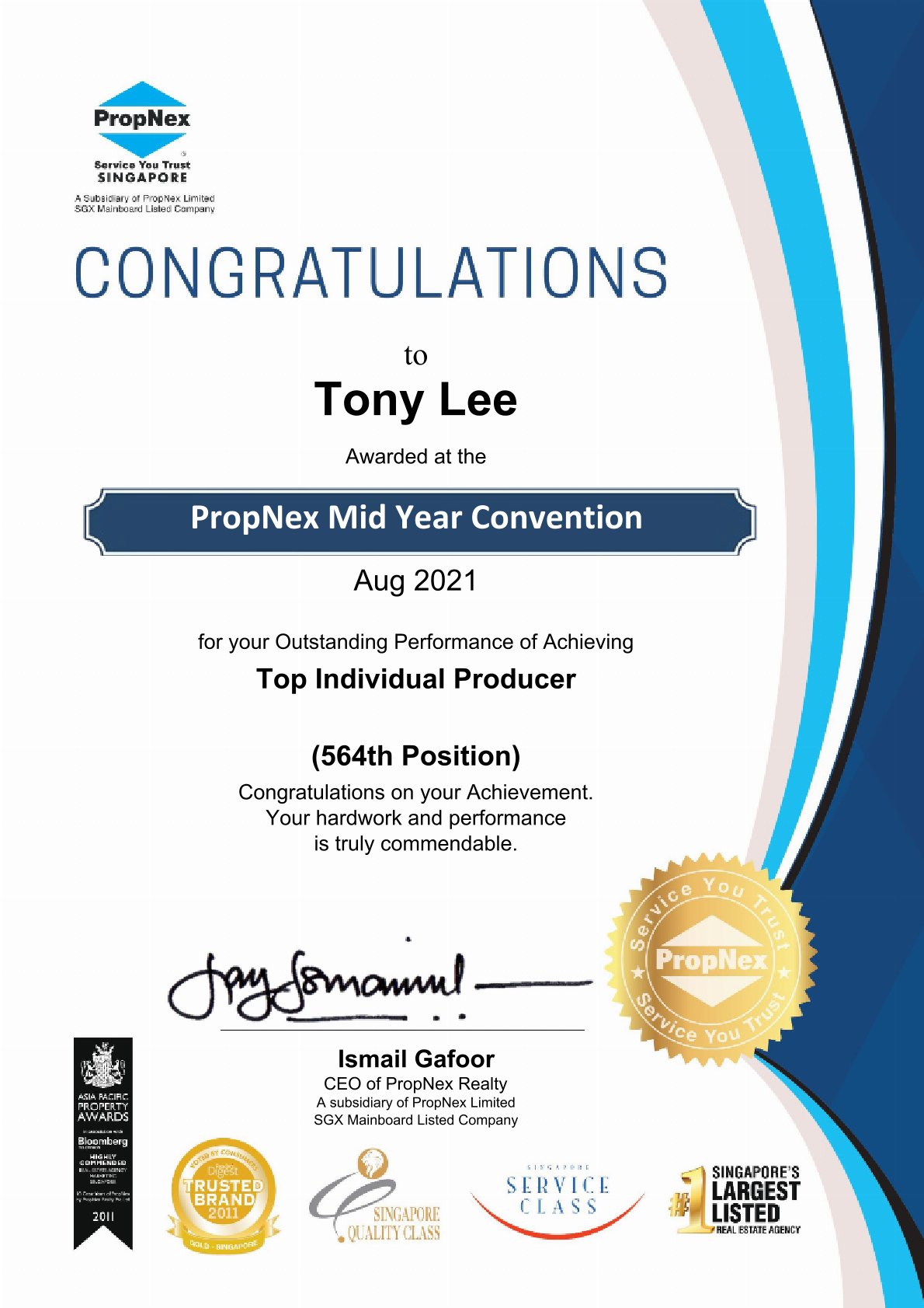 PropNex award certificate 2021