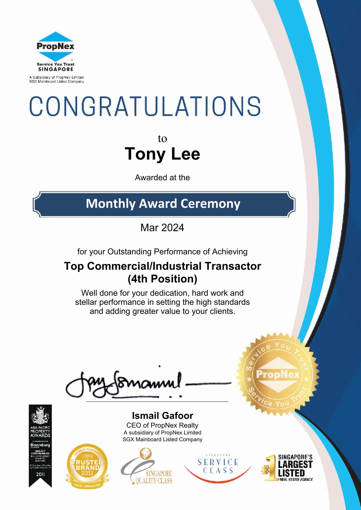 PropNex award certificate 2024