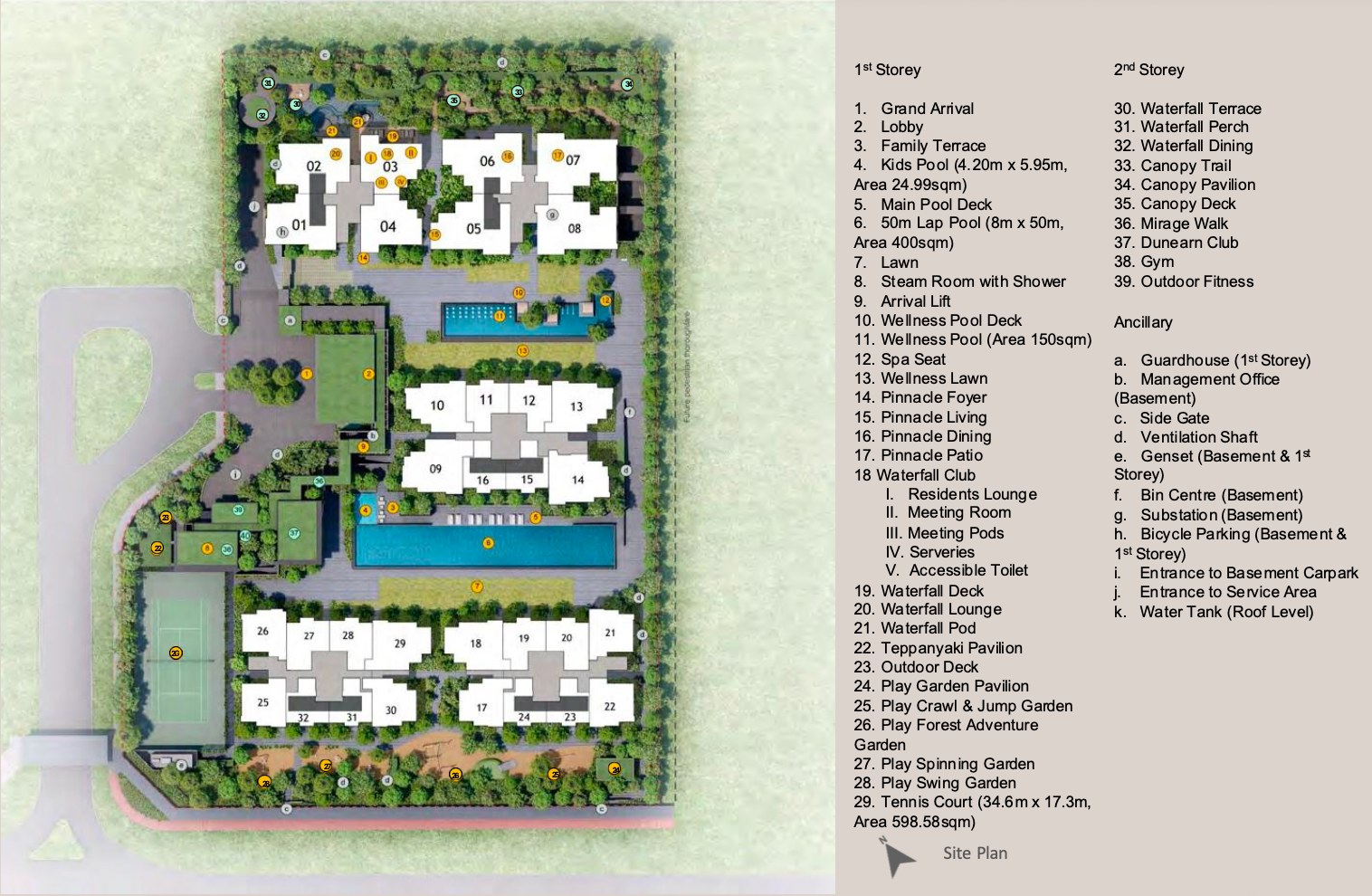 Site plan — 50m lap pool, tennis court & clubhouse