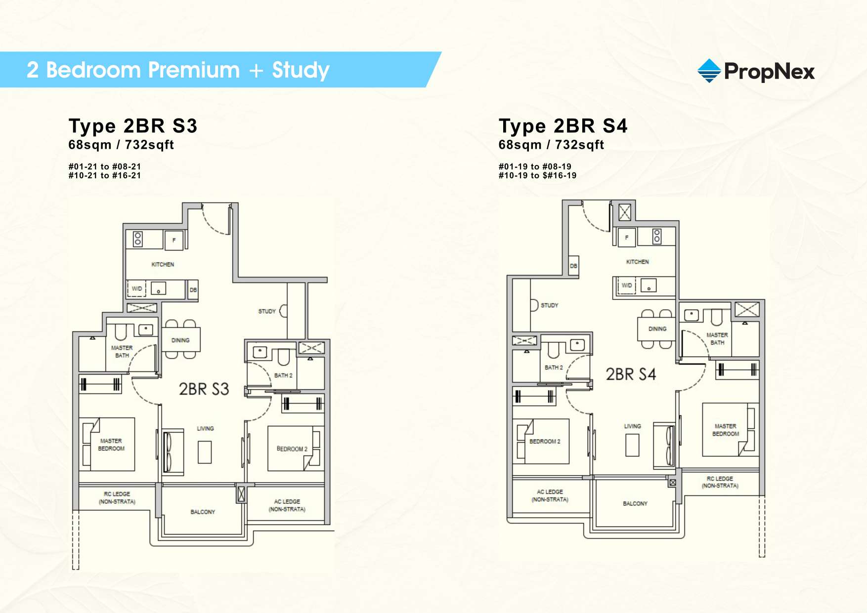 2BR Premium + Study (732 sqft) floor plan