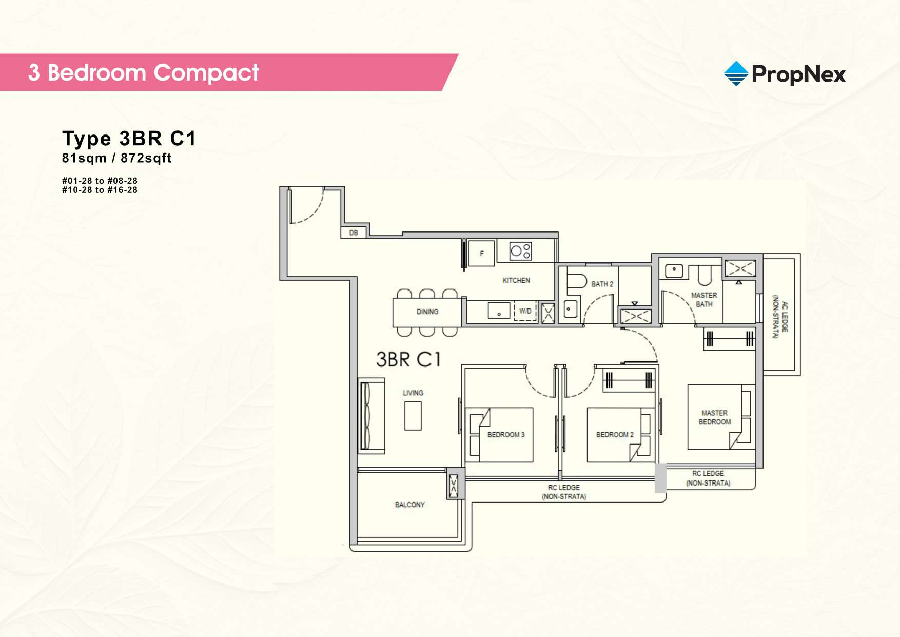 3BR Compact (872 sqft) floor plan