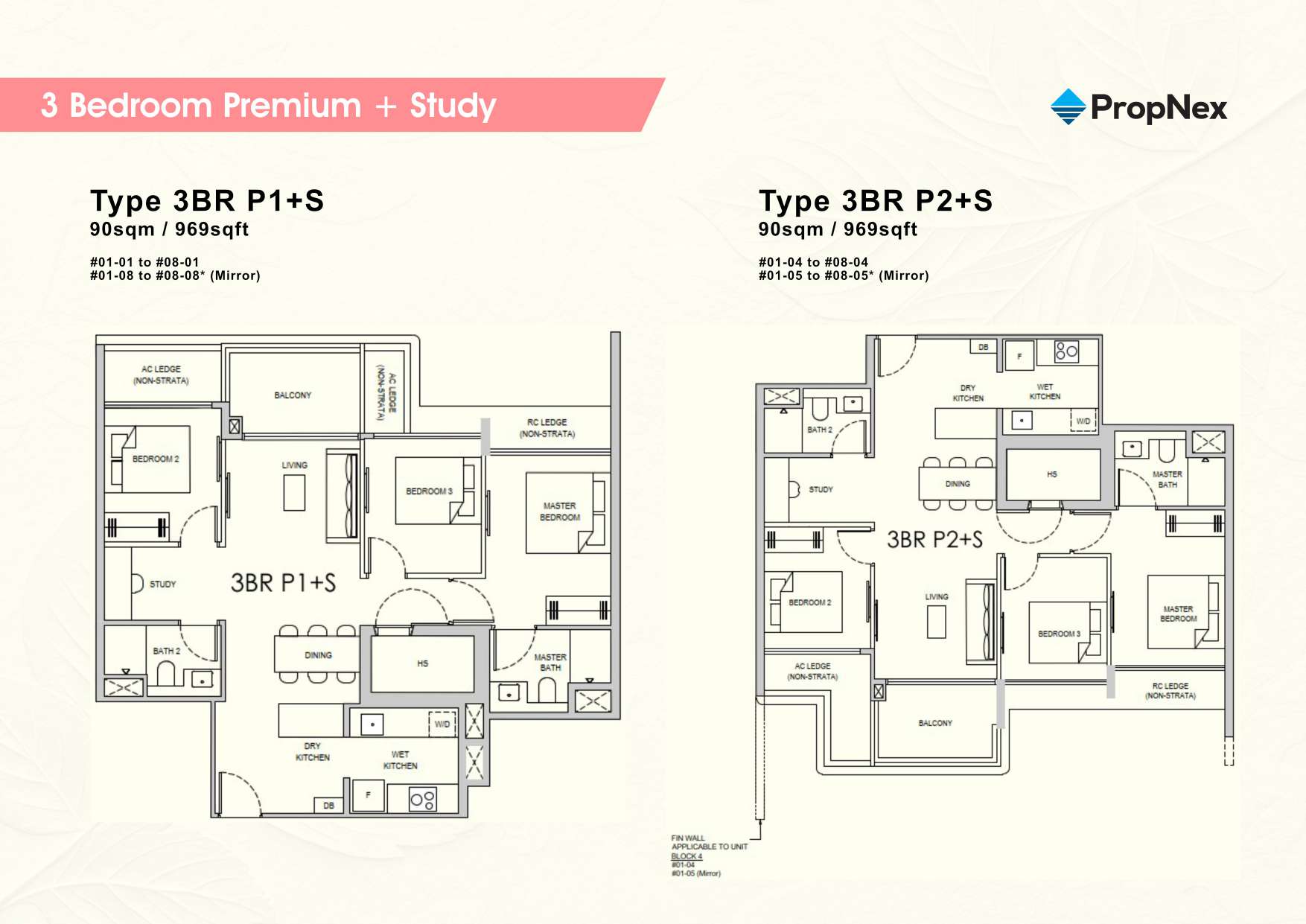 3BR Premium + Study (969 sqft) floor plan